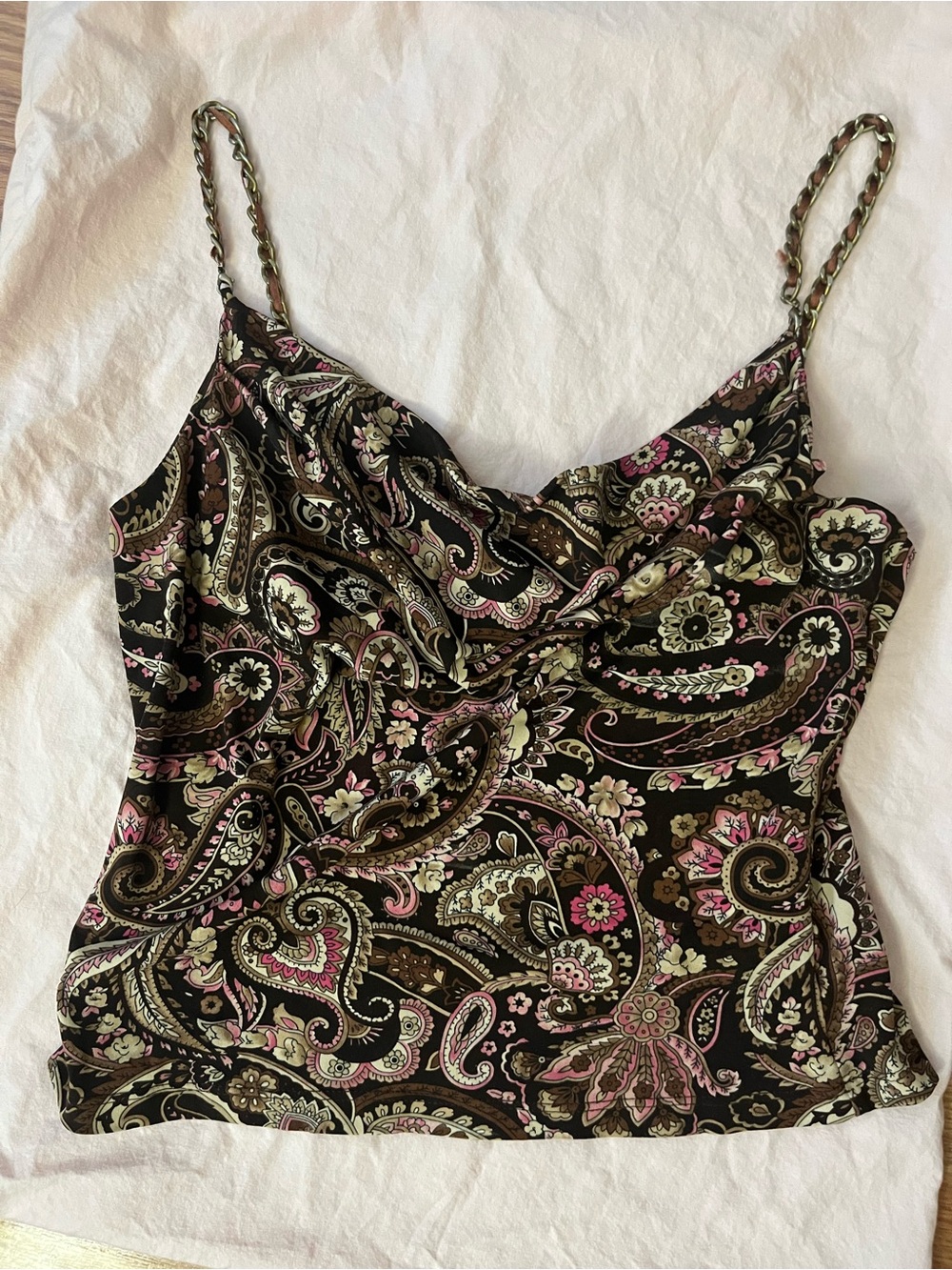 Vintage Unyx Paisley Cowl Neck Tank in Brown, Pink & Cream